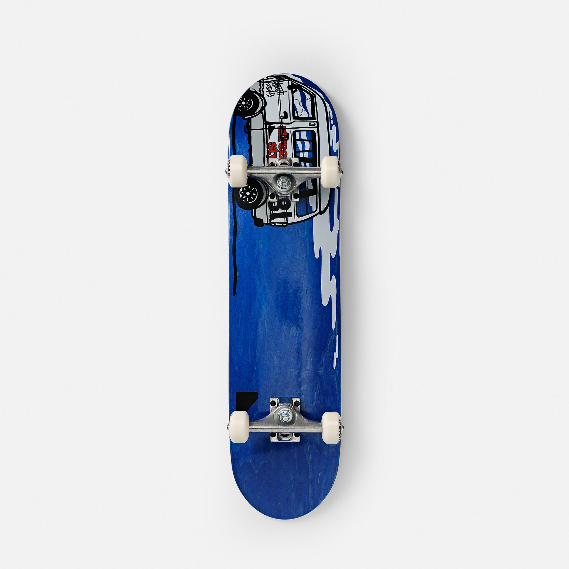 re placed side by side on a white background. The left skateboard shows a black grip tape, while the right one displays a vibrant yellow underside with bold, abstract black and white graffiti-style artwork and
